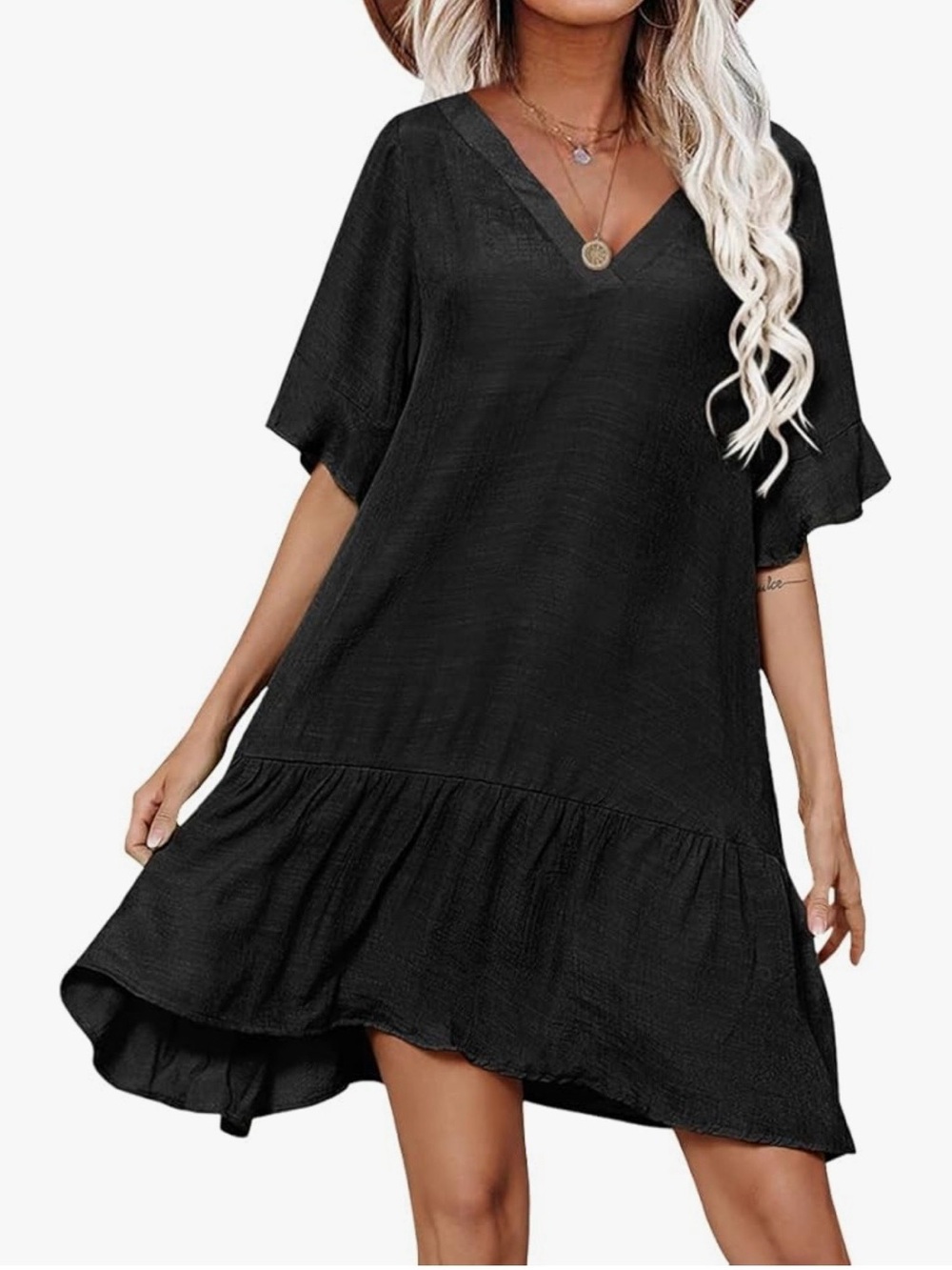Women's Black V‑Neck Swim Cover-Up Dress